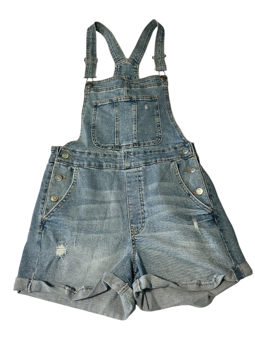 No Boundaries Light Blue Denim Short Overalls with Rolled Hem